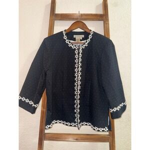 David Brooks Womens Navy Polka Dot Floral Embroidered Blazer Jacket Large